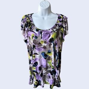 Worthington Stretch Watercolor Floral Blouson Top Purple Green M Ruffle Hem